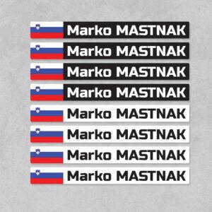 Nalepke za kolo z imenom in zastavo (4x črn napis, 4x bel napis) - na črno/beli foliji